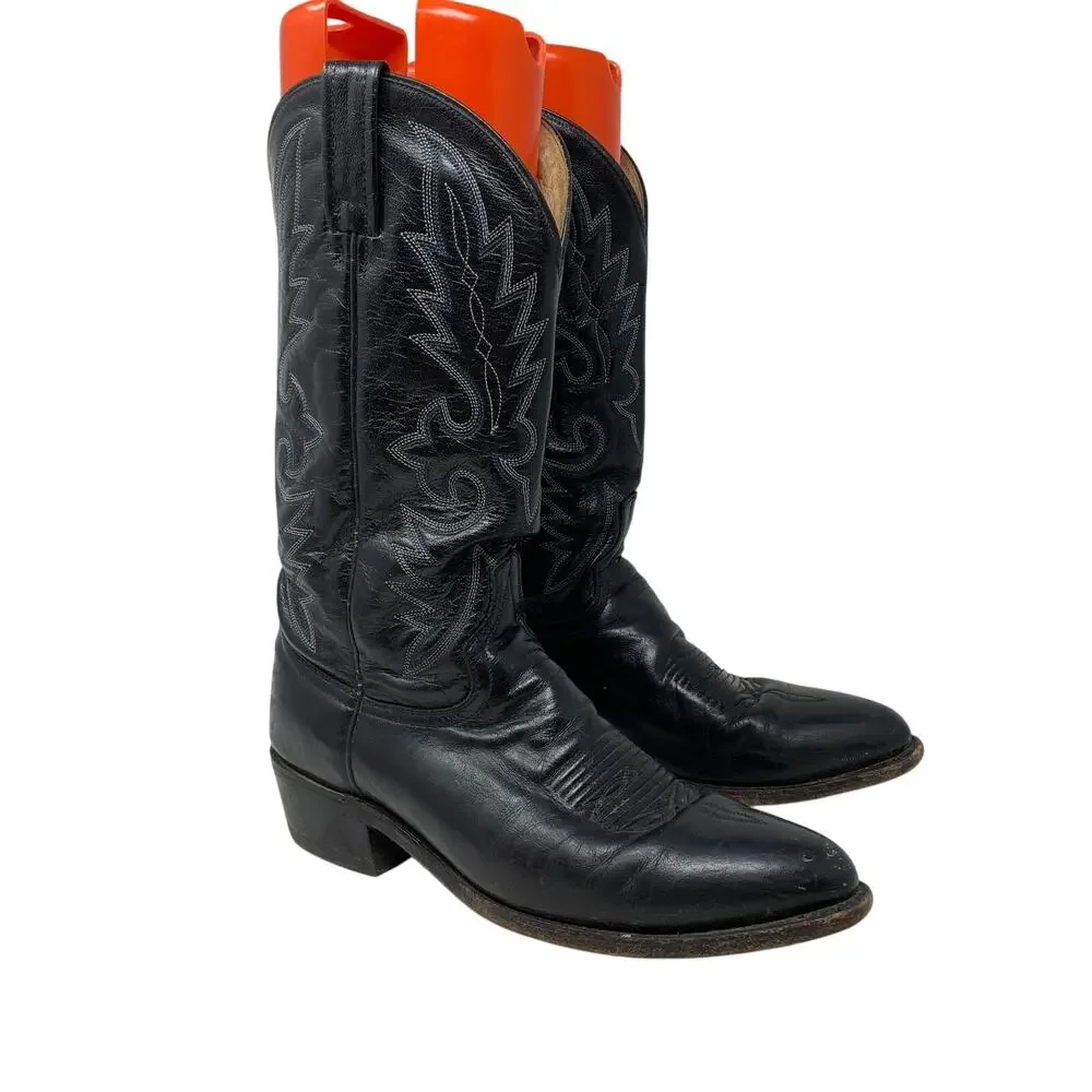 Vintage Dan Post Black Leather Western Cowboy Boots Mens 9.5R Snip Toe USA 1994